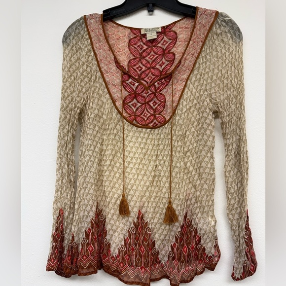 Lucky Brand Tops - Lucky Brand Boho Cream Tunic with Red Embroidered Yoke and Tassels